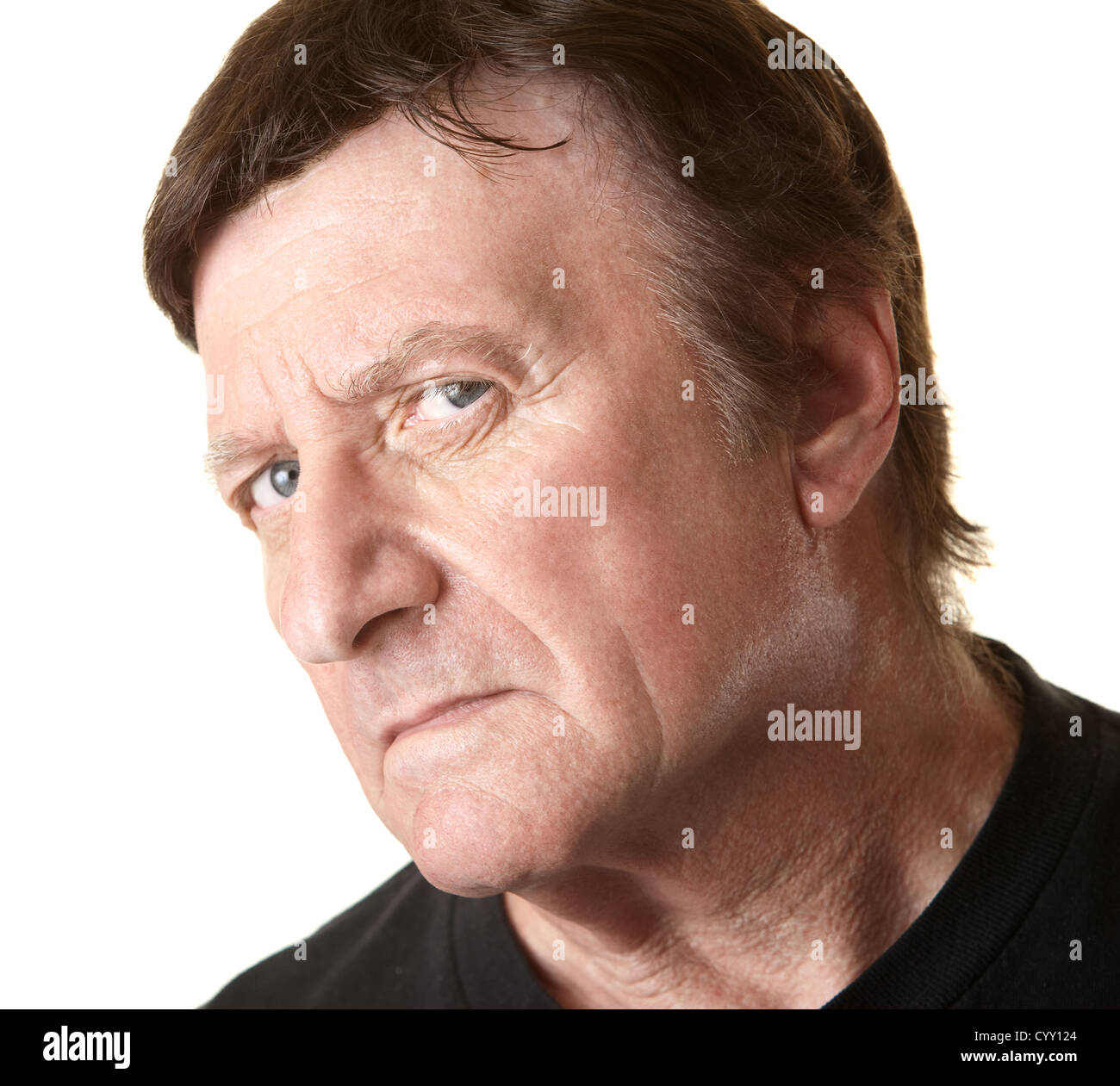 Mature man suspectes sur fond blanc Banque D'Images