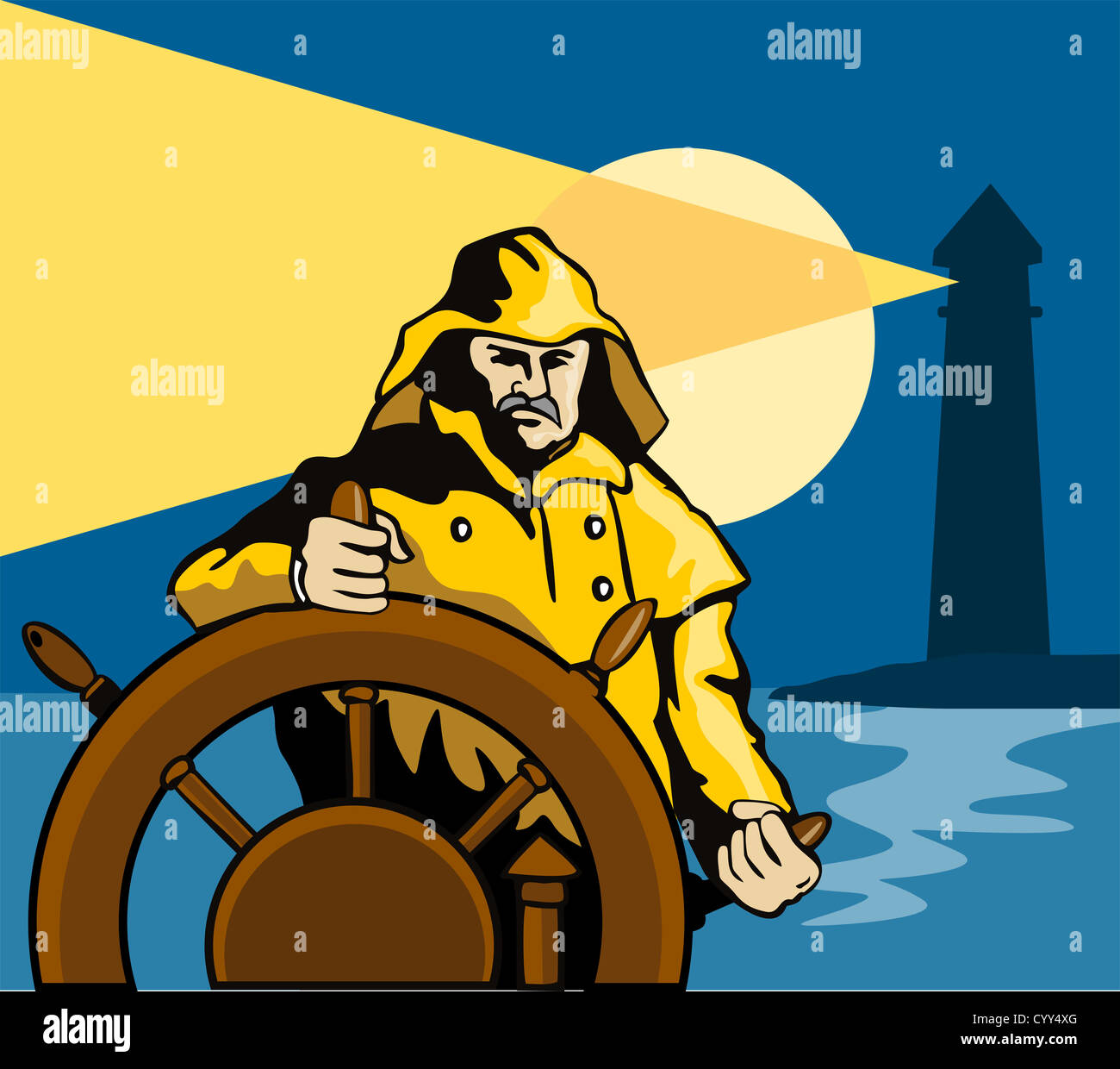 Illustration d'une mer pêcheur capitaine à la barre volant de style rétro. Banque D'Images