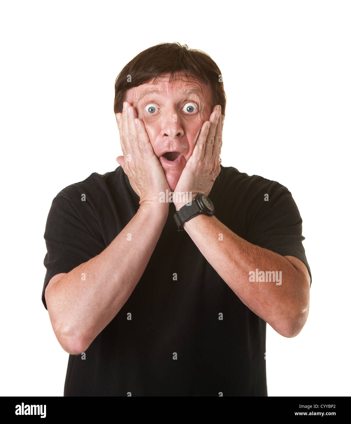 Surpris mature man tient sa tête sur fond blanc Banque D'Images
