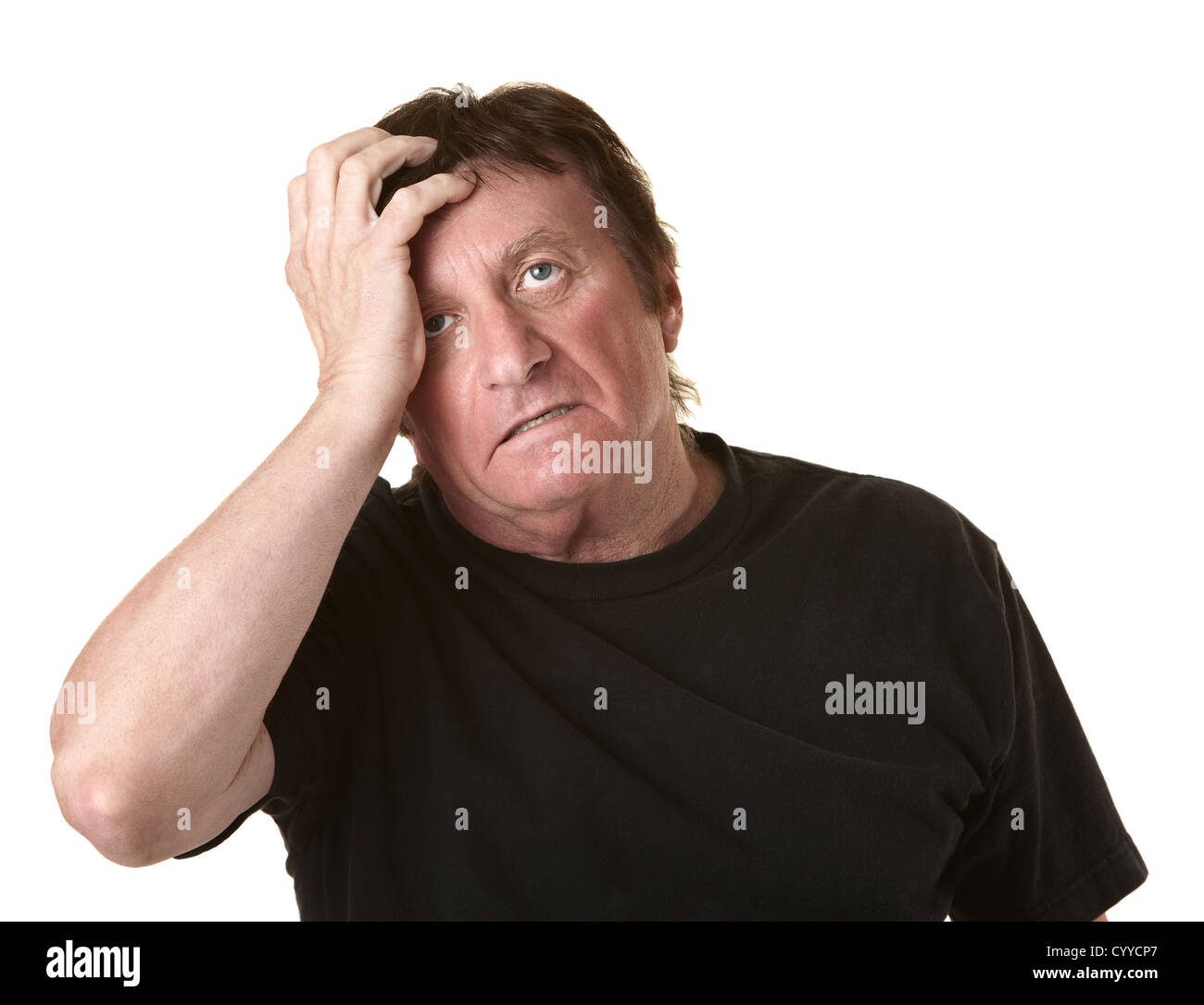 Mature Woman in Black shirt tient tête Banque D'Images
