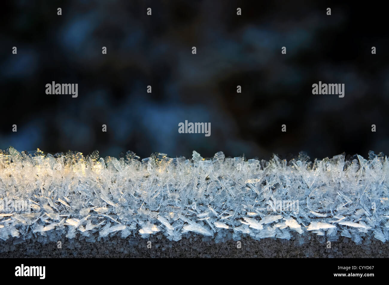 Close-up d'une frontière avec des cristaux de glace sur un fond sombre Banque D'Images