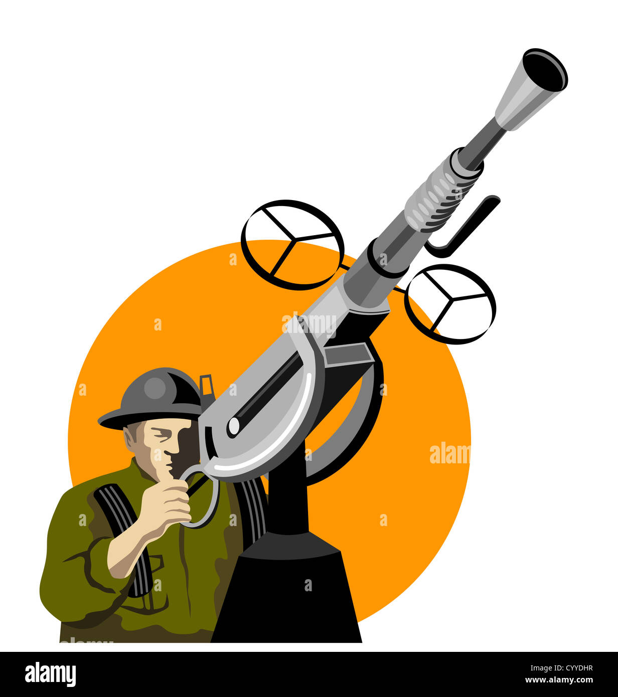 Illustration d'un soldat britannique de la deuxième guerre mondiale avec la mitrailleuse anti-aérienne Cannon fait en style rétro. Banque D'Images
