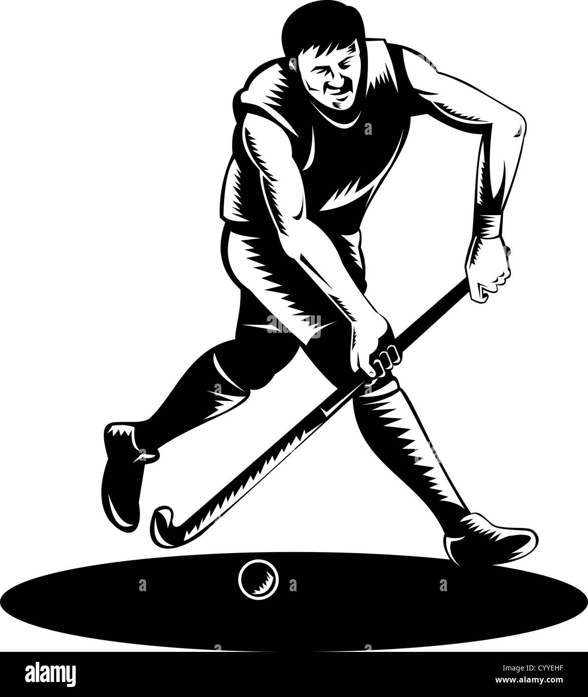 Illustration d'un joueur de hockey stick tournant avec balle frappant fait en rétro style gravure sur bois. Banque D'Images