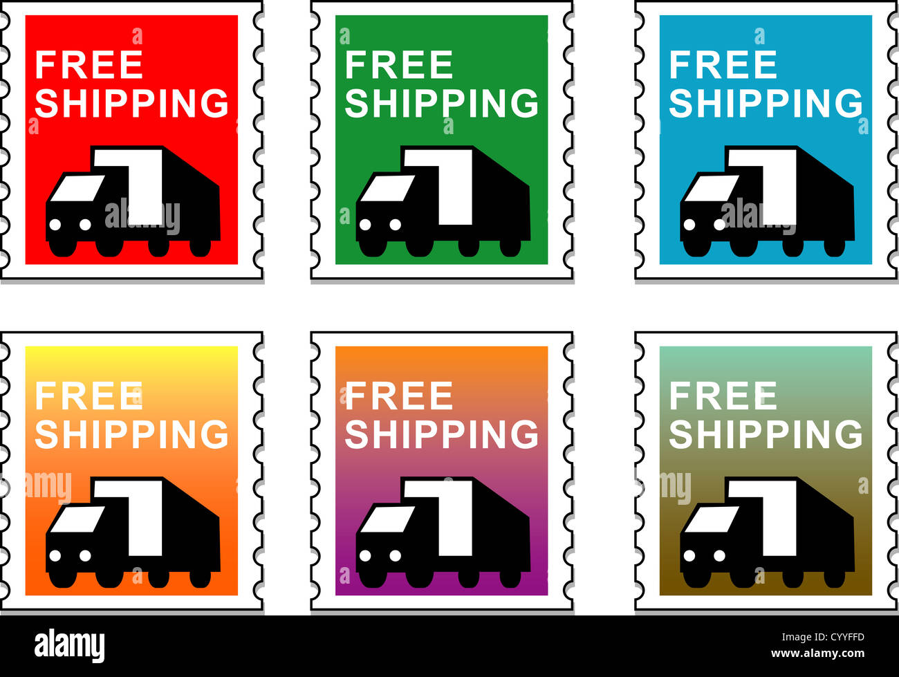 Illustration d'un timbre représentant un camion de livraison avec les mots free shipping. Banque D'Images