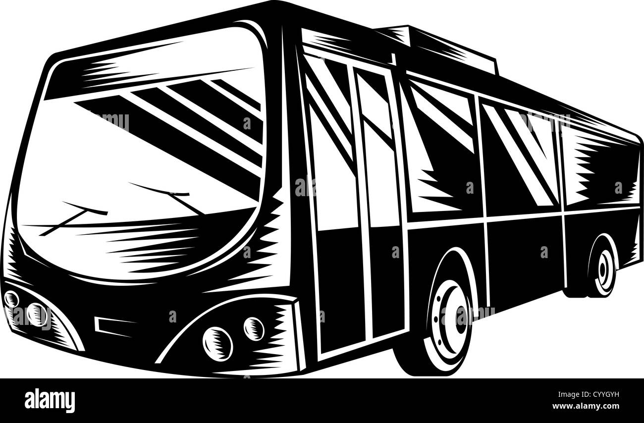 Illustration d'un passager coach bus isolé sur fond blanc fait dans le style rétro de gravures sur bois. Banque D'Images