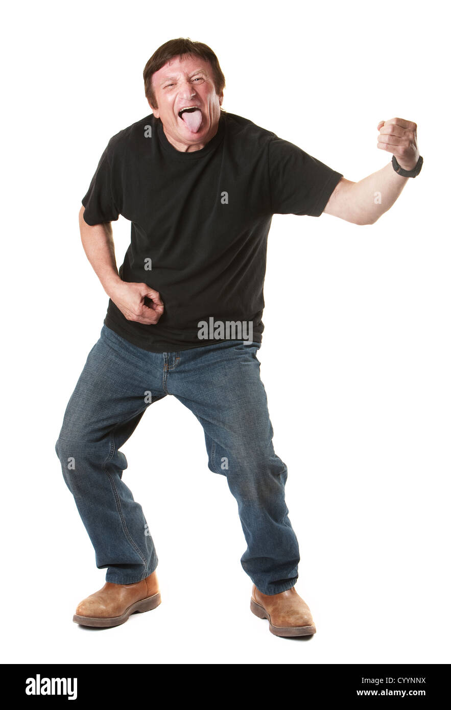 De race blanche à maturité sur fond blanc homme colle sa langue Banque D'Images