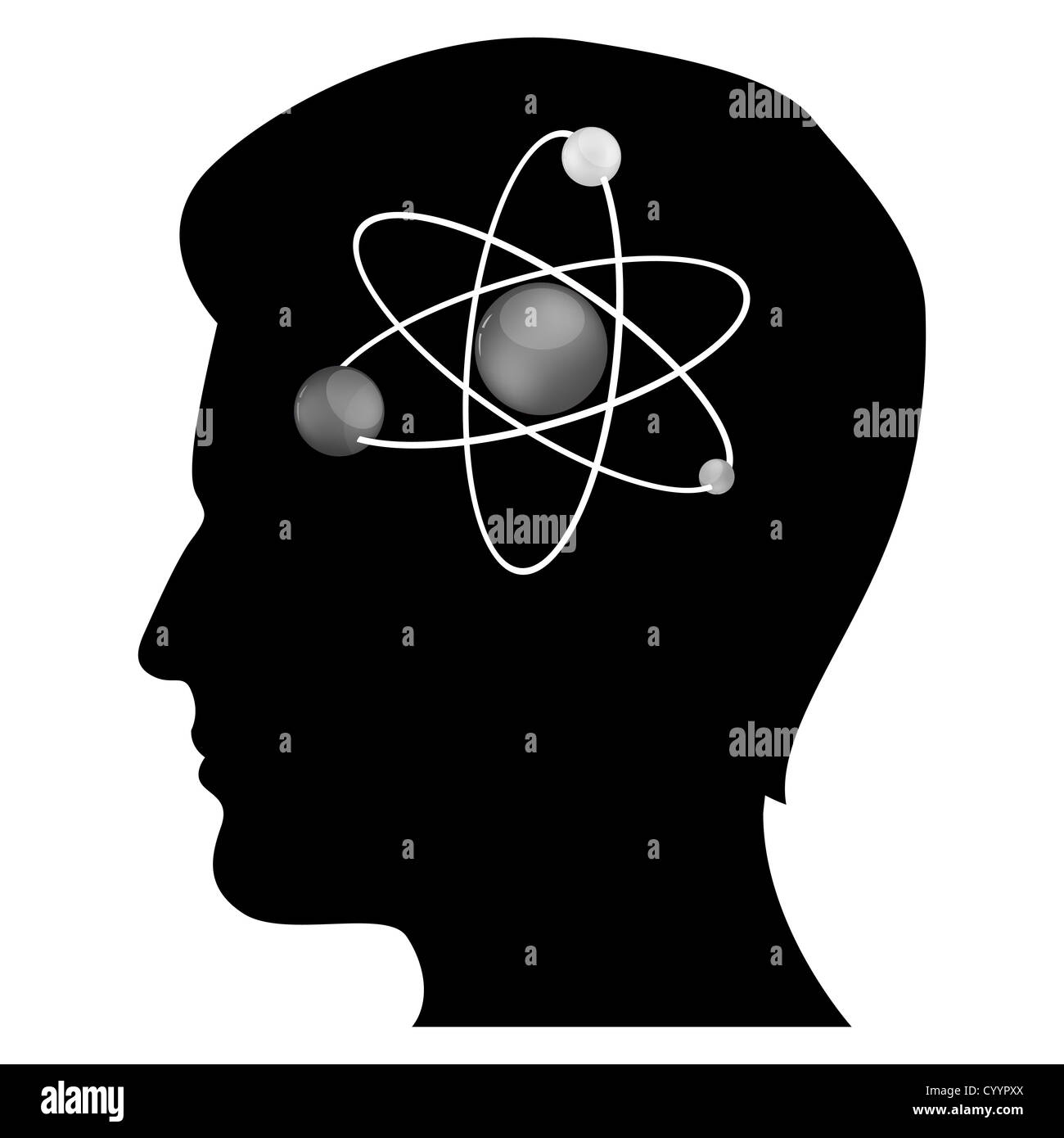 Illustration de l'esprit de l'homme avec l'atome sur fond blanc Banque D'Images