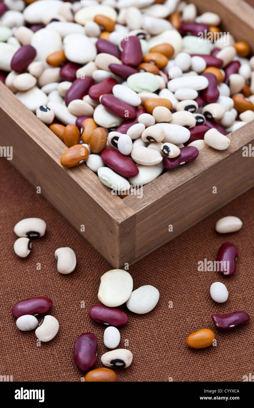Haricots secs mélangés dans une boîte en bois Banque D'Images