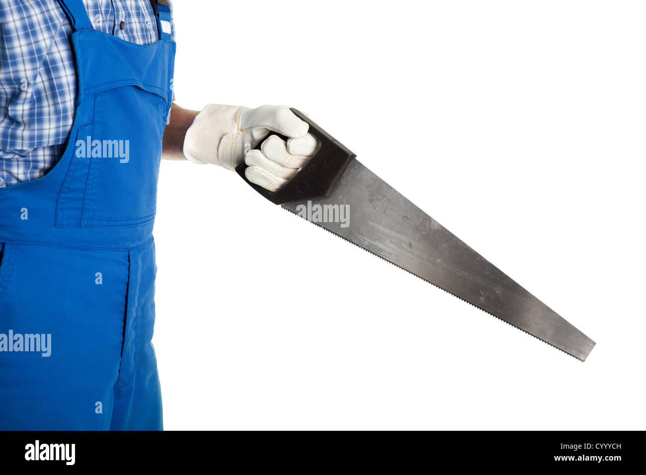 Close-up of worker cutting avec vu. Isolated on white Banque D'Images