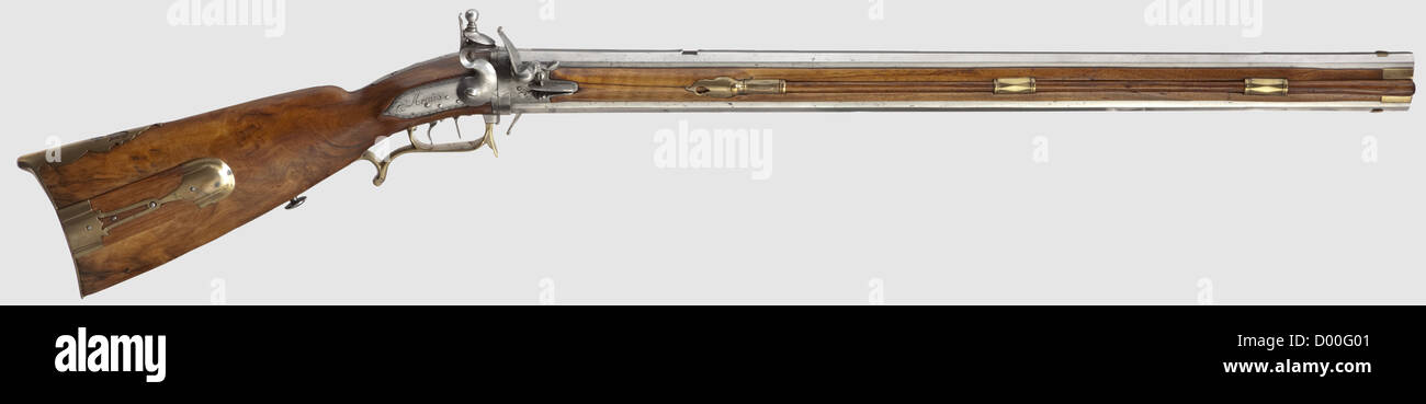 Un fusil à ailes allemandes en forme de flintlock, Kraus,Schöllang/Allgäu vers 1780.canon en-dessous, huit rainures et alésage lisse en calibre 13 et 15 mm, respectivement.le canon à billes avec vue avant en laiton dovailé et vue arrière en fer réglable.le tenon inscrit 'Schöllang'.Flutintlock de noyer légèrement gravé avec une double plaque de fixation et une plaque de fixation en forme de patchlockage Meubles en laiton, l'avant de la gâchette comme levier de déverrouillage pour déverrouiller la paire de canon.plus tard ramrod en bois.longueur 106 cm, historique, historique,, droits supplémentaires-Clearences-non disponible Banque D'Images