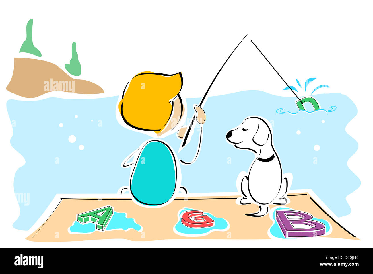 Illustration du garçon et de chien texte pêche Banque D'Images
