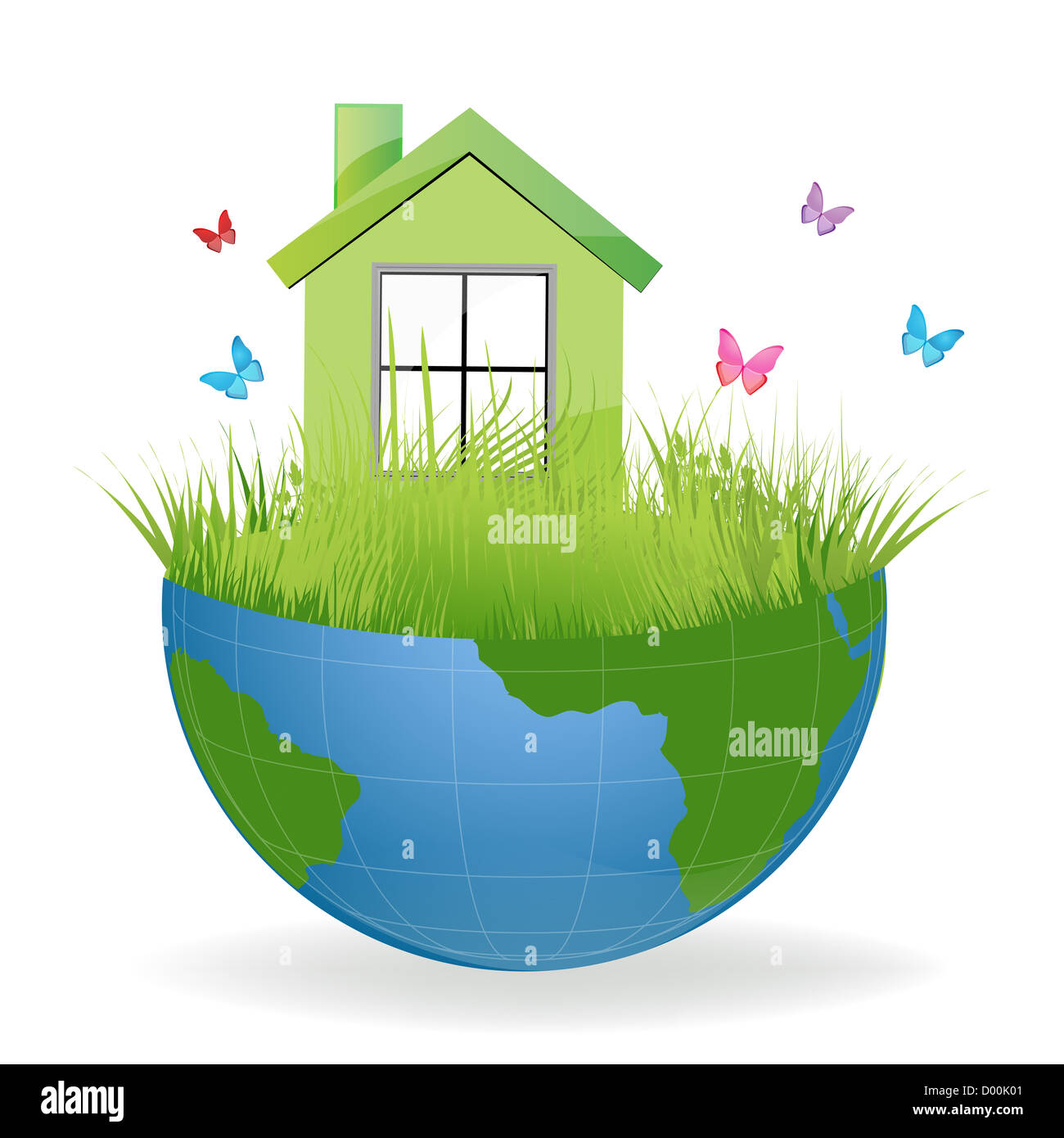 Illustration de la maison verte sur la moitié de la terre avec les papillons colorés Banque D'Images