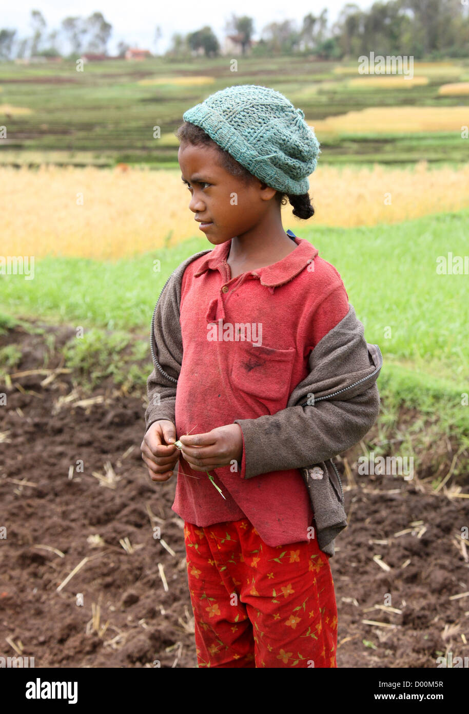 Jeune fille malgache d'une collectivité agricole près du lac Tritriva, Madagascar, Afrique. Banque D'Images