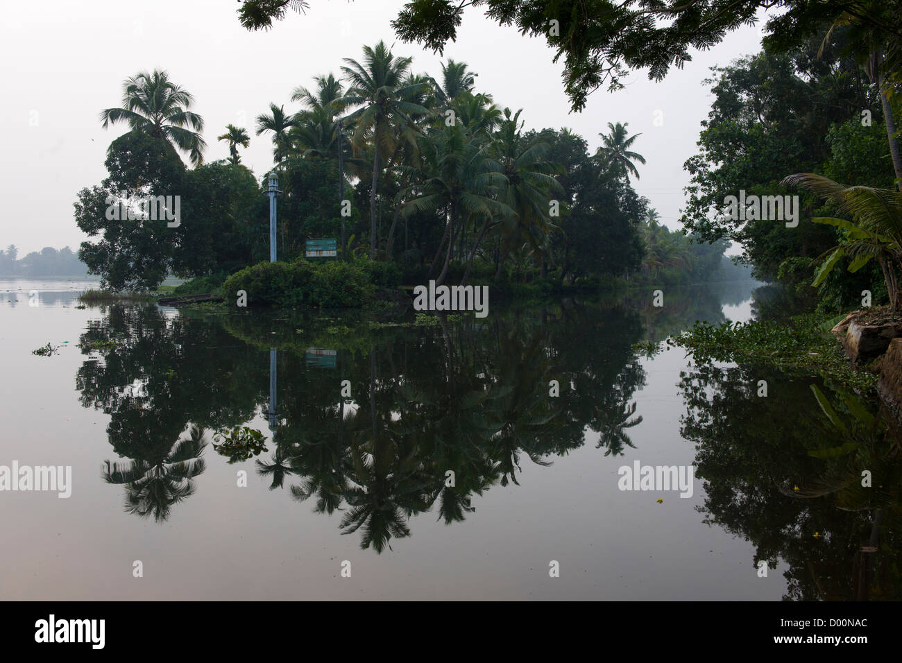 Réflexions à une jonction sur la côte ouest (canal navigable National No 3) au lever du soleil, Kanjippadom, près de Alappuzha (Alleppey), Kerala, Inde Banque D'Images