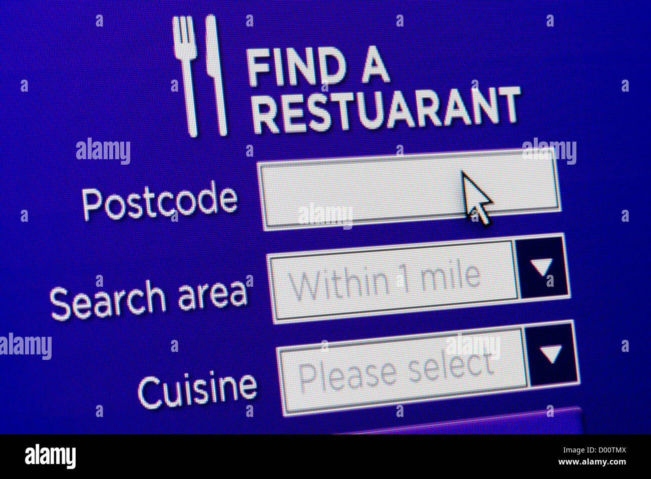 Close up d'un site fictif invitant l'utilisateur à trouver un restaurant. Banque D'Images