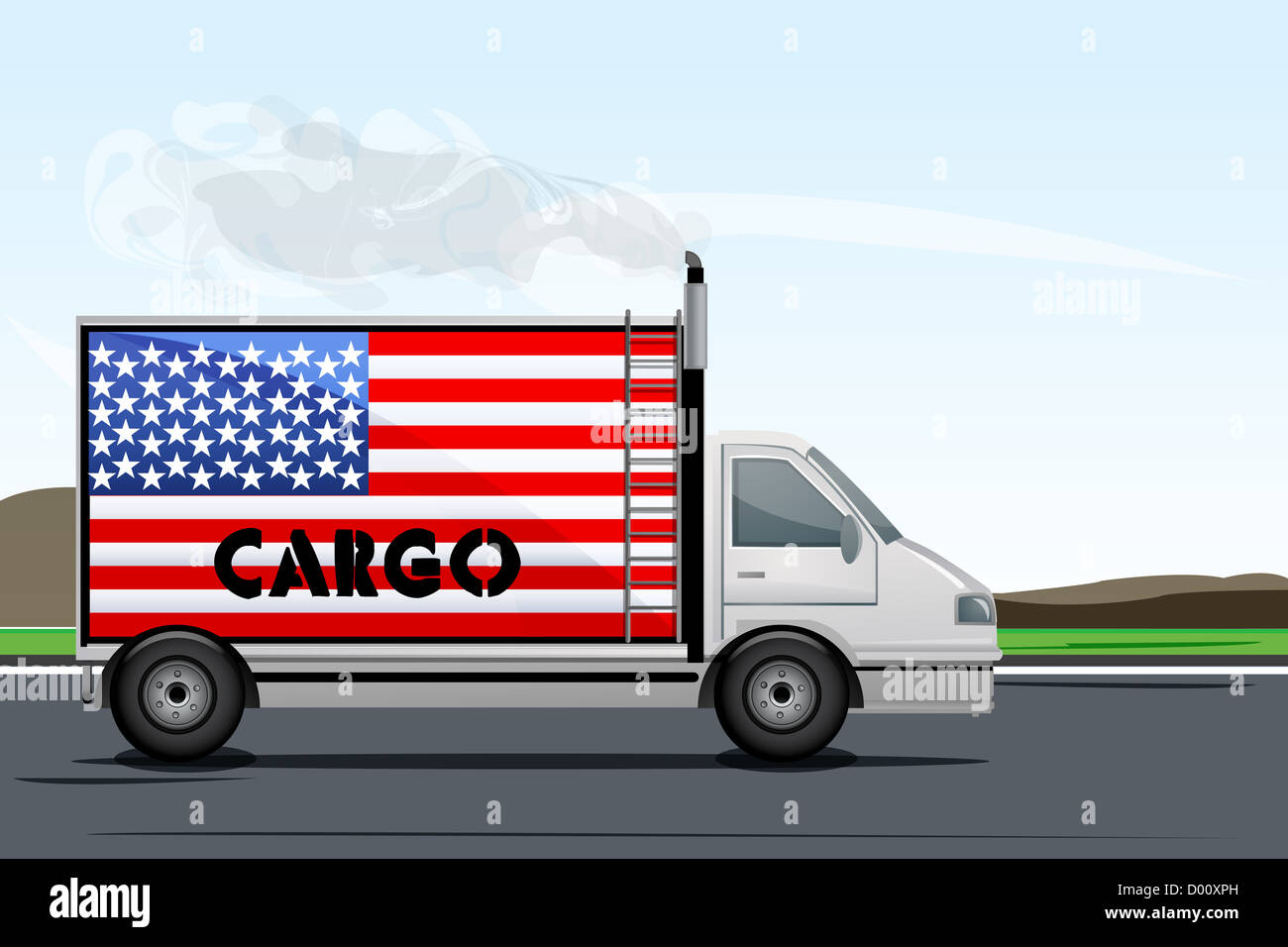 Illustration de camion de transport sur route avec le drapeau américain Banque D'Images