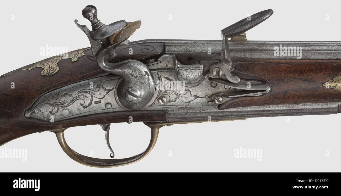 Un pistolet allemand, Mayence, vers 1740. Corps cannelés tournant autour après une ceinture, alésages lisses en calibre 12 mm. Verrou en anneau gravé avec récipient mobile pour le cylindre supérieur. Noyer plein de meubles en laiton gravés par des flements, l'escutcheon porte les bras de l'électorat de Mayence(?). Pas de rampe. Longueur 51 cm,historique,historique,XVIIIe siècle,pistolet civil,pistolets civils,main,pistolet,armes,arme,arme,arme,arme,arme,arme,arme,arme,bras,objet,objets,distillateurs,coupures,coupures,découpes,droits supplémentaires-autorisations-non disponible Banque D'Images