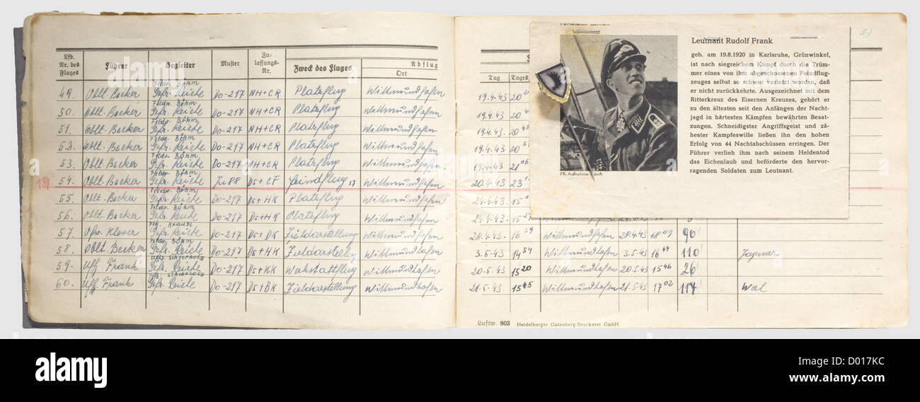 Obergefreiter Josef Reiche, un journal de bord en tant que membre du Night Fighter Squadron 3 entrées du 23 juillet 1942 au 28 février 1945. 321 missions enregistrées, dont 68 missions de combat (numérotées et marquées en rouge). La plupart des missions ont été entreprises avec Hauptmann Becker, Unteroffizier Kilimann et Feldwebel Spitz. Aussi, trois missions le 21 mai 1943 avec les NCO Rudolf Frank et Hans-Georg Schierholz. Housse en lin autofabriquée et inscrite. Inclus est un insigne d'escadron avec attachement de broche, historique, historique, gens, années 1930, 20e siècle, Air Force, branche de, droits supplémentaires-Clearences-non disponible Banque D'Images