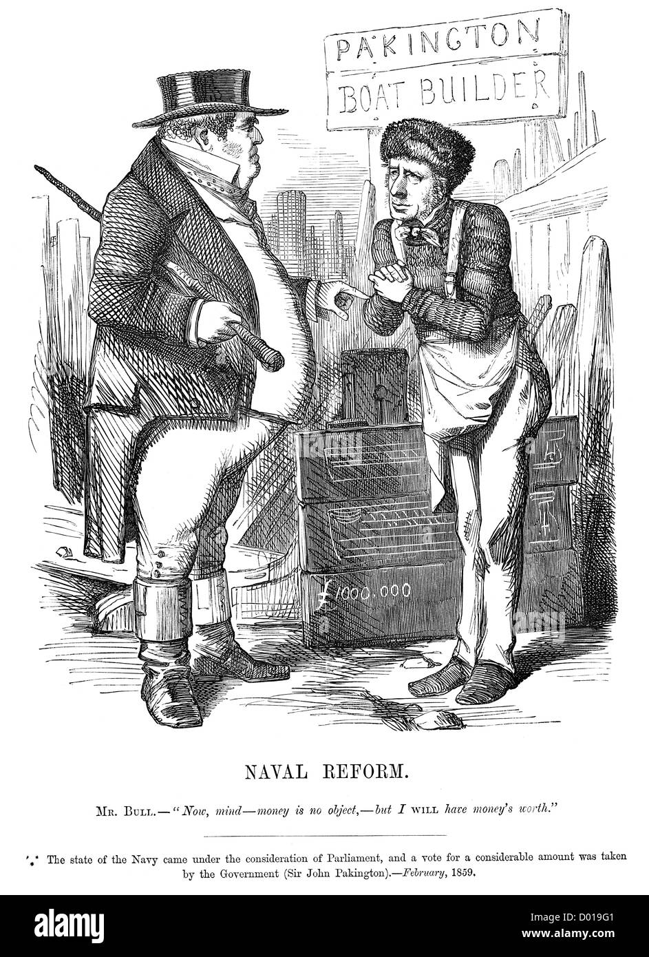 La réforme de la marine. Caricature de John Bull et Sir John Pakington Examen de la réforme de la Marine royale, Février, 1859 Banque D'Images