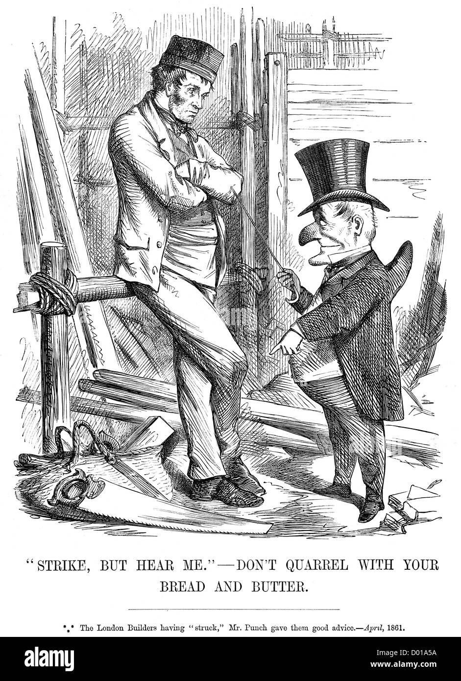 Grève, mais m'entendre, ne pas se quereller avec votre pain et beurre. Caricature politique à propos de London Builders grève, Avril 1861 Banque D'Images