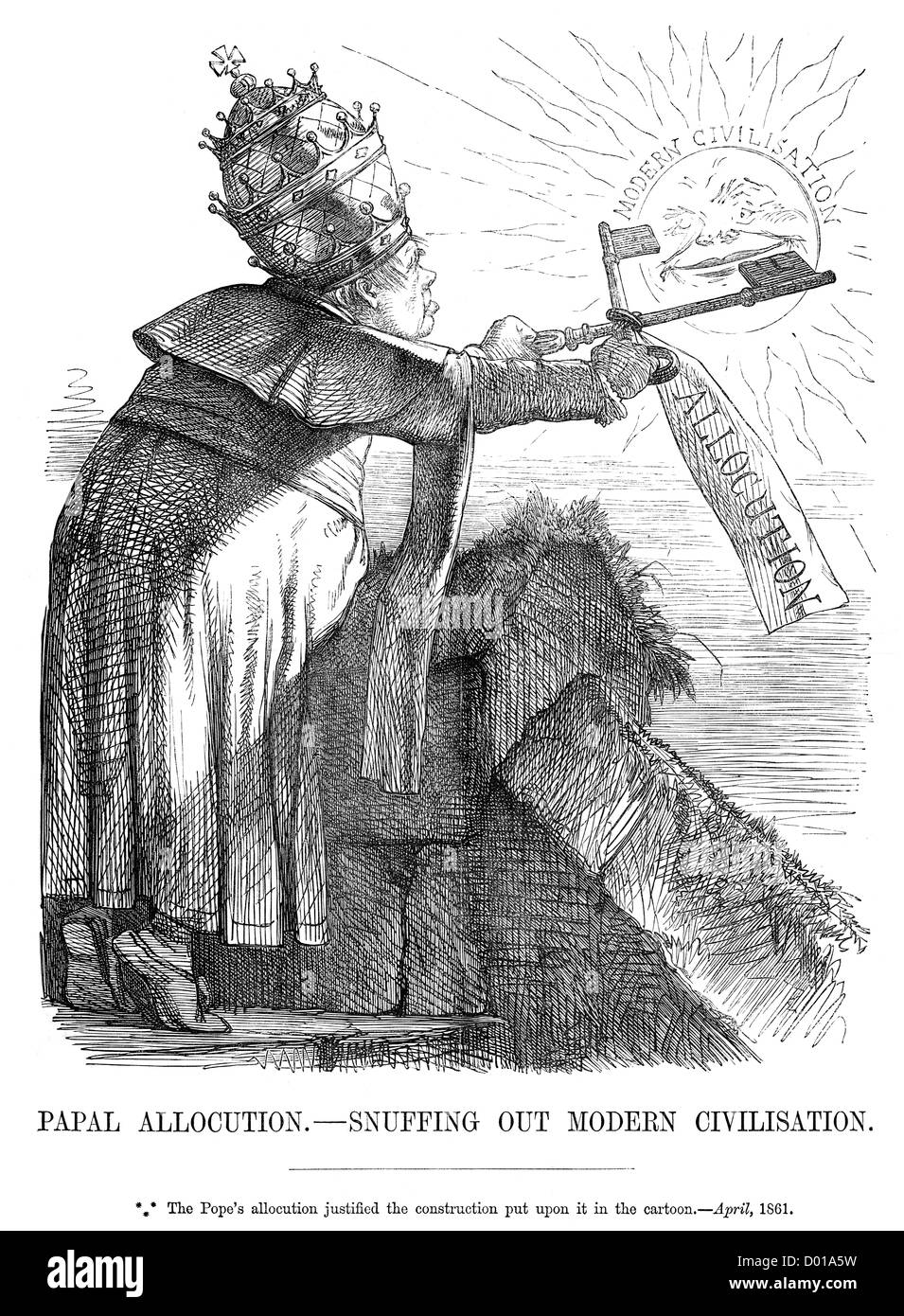 Attribution du pape à priser la civilisation moderne. Caricature politique sur le Pape, Avril 1861 Banque D'Images