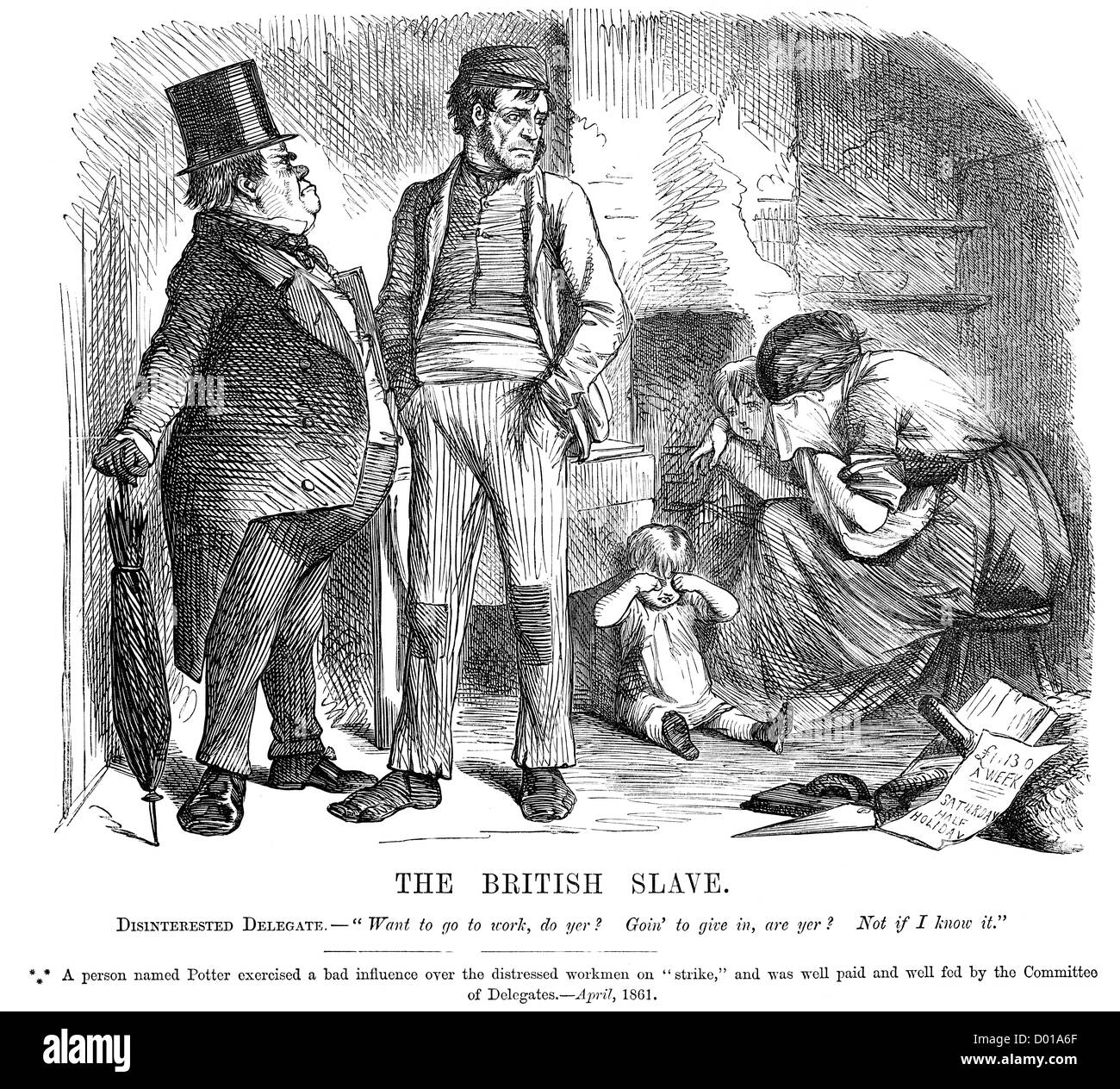 Les Britanniques l'esclave. Caricature politique à propos de l'État en difficulté de trouver des ouvriers, et d'un gras sur payé. patron de l'Union européenne Avril 1861 Banque D'Images