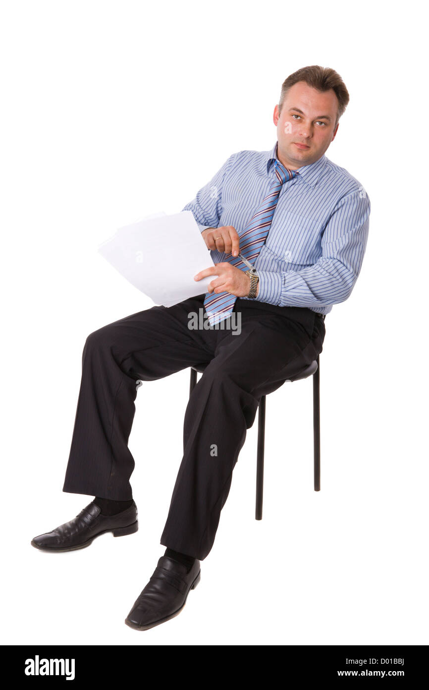 Portrait of Businessman running out of time isolated on white Banque D'Images