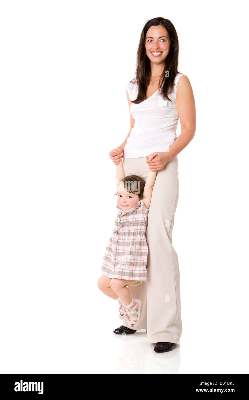 Happy Mother holding daughter isolé les deux rient Banque D'Images