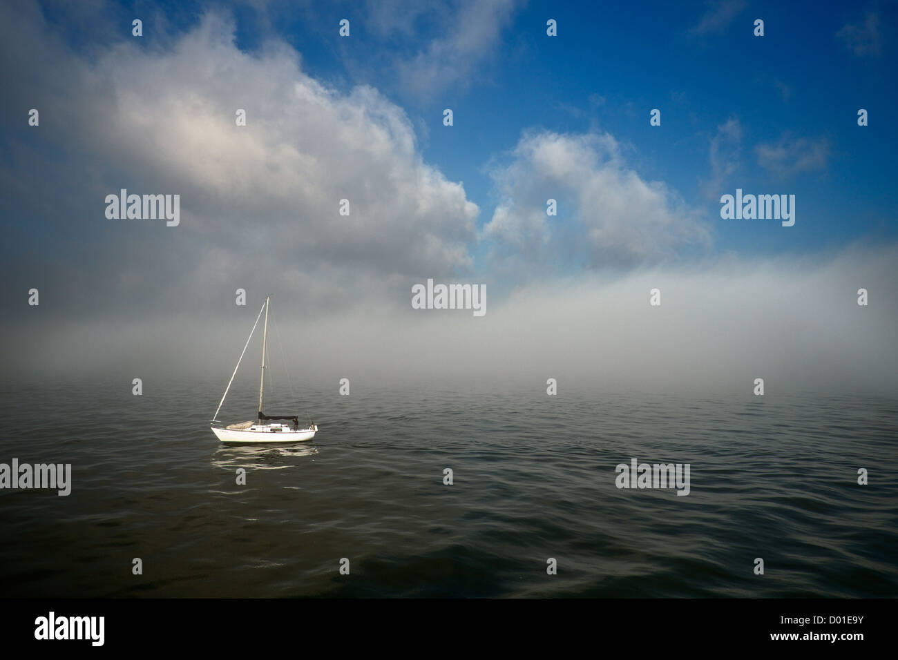 Petit voilier au repos dans le brouillard du matin à New York's East Bay. Banque D'Images