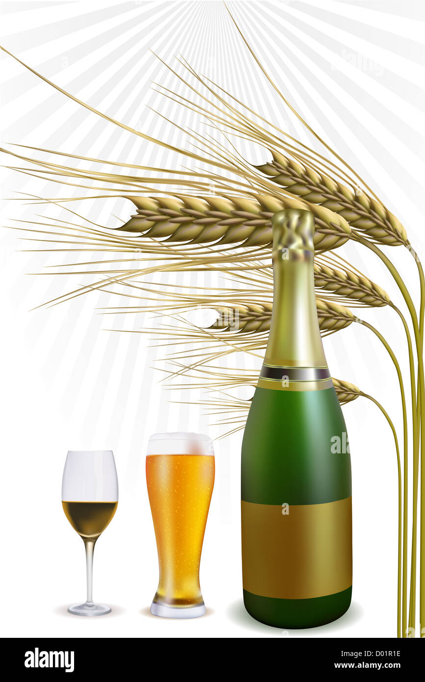 Illustration de la bouteille de champagne avec du verre et de la bière avec récolte sur fond blanc Banque D'Images