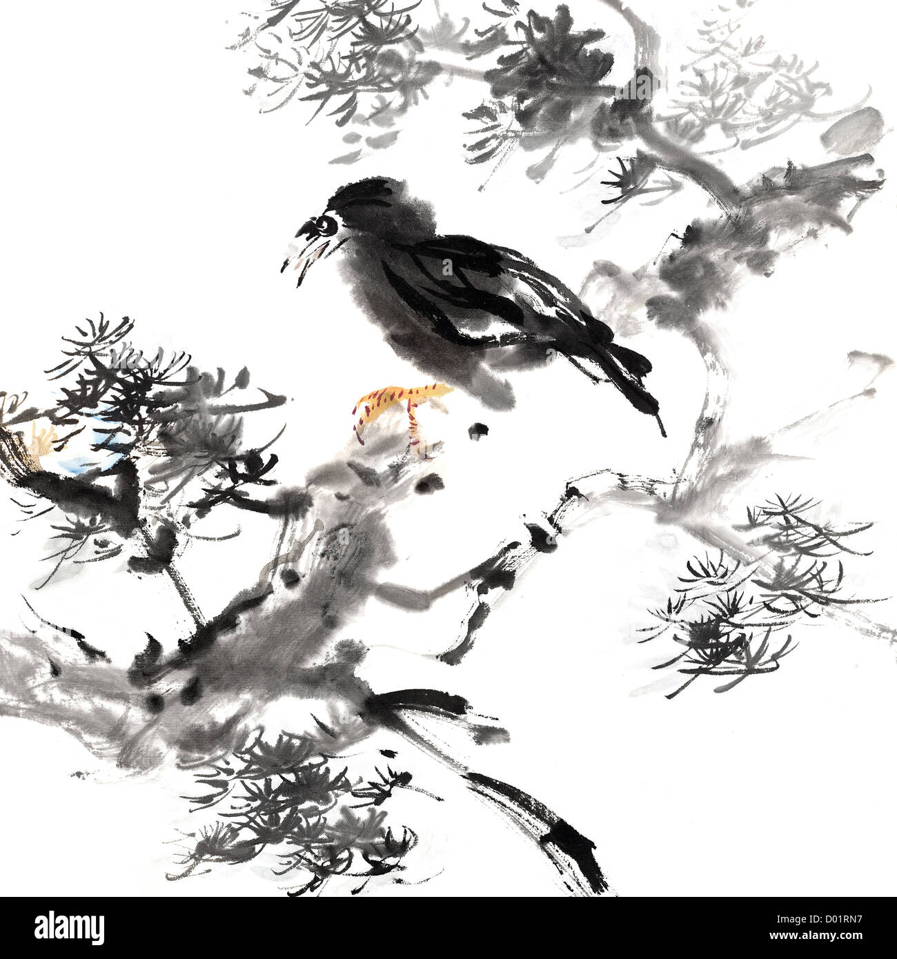 Peinture chinoise traditionnelle à l'encre, des oiseaux à l'animal en forêt sur fond blanc. Banque D'Images