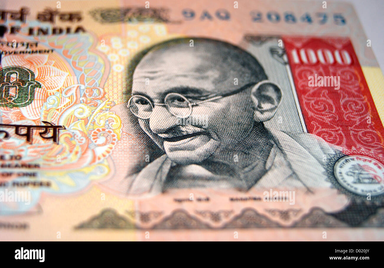 Mahatma Gandhi Photo sur devise indienne Roupie 1000 Euros vue rapprochée Banque D'Images
