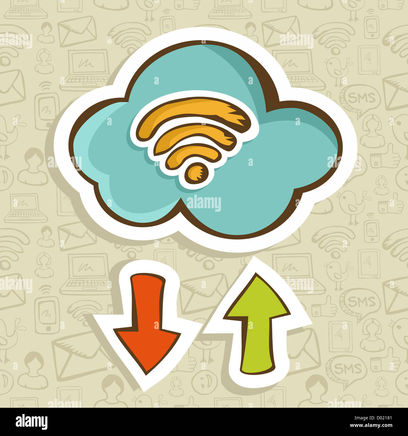 Caricature de cloud computing avec téléchargement et l'icône de flèche de téléchargement. Couches d'illustration vectorielle pour une manipulation facile et coloris. Banque D'Images