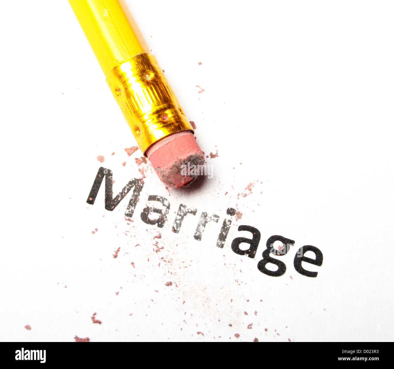 Concept de divorce avec crayon et gomme mot mariage Banque D'Images