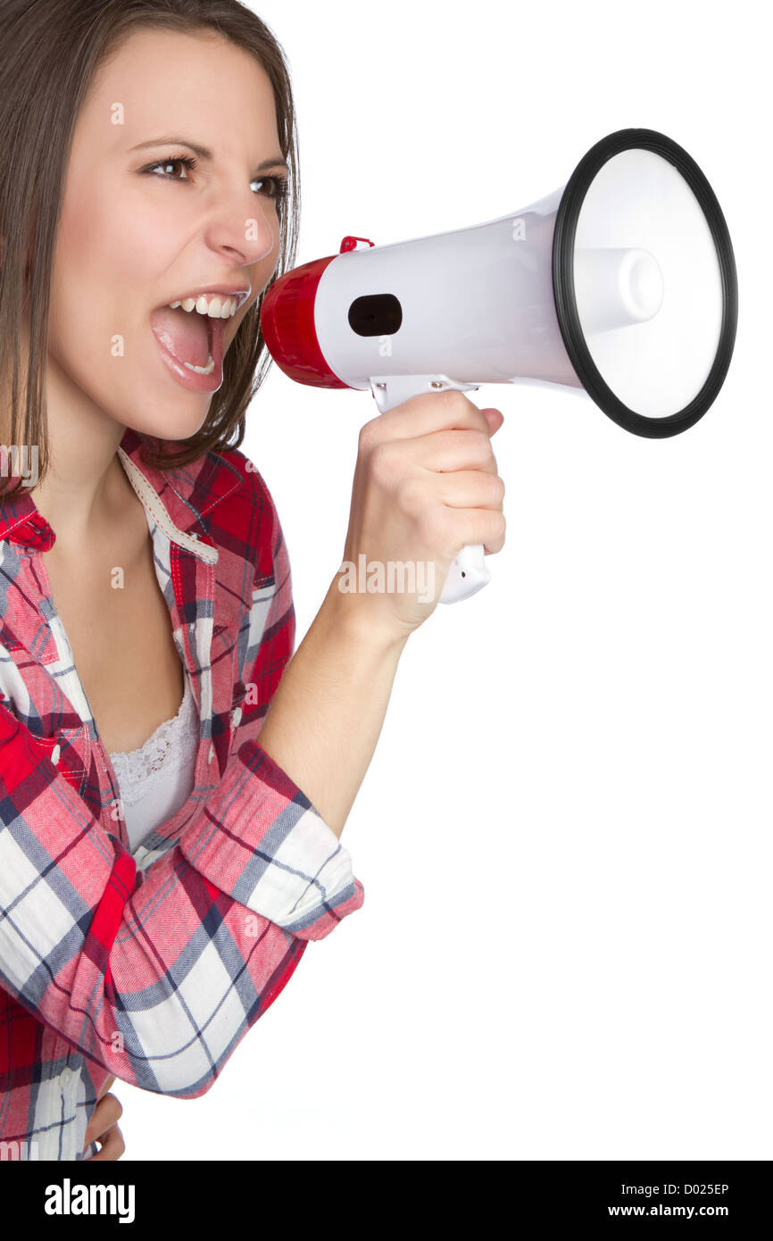 Beautiful woman yelling into megaphone Banque D'Images