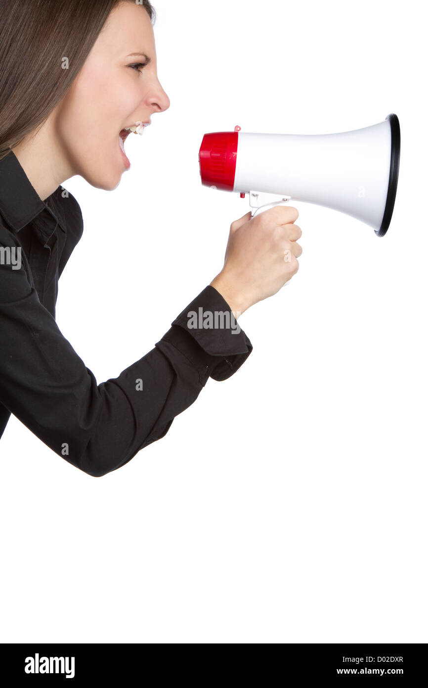 Young woman yelling into megaphone Banque D'Images