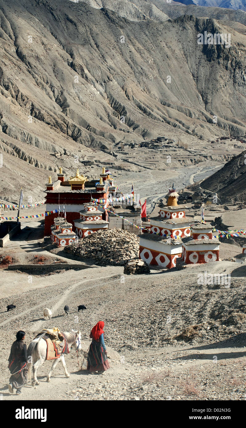 Une femme mène un cheval passé le monastère bouddhiste à Saldang qui domine une vallée de la région du Dolpo du Népal Banque D'Images