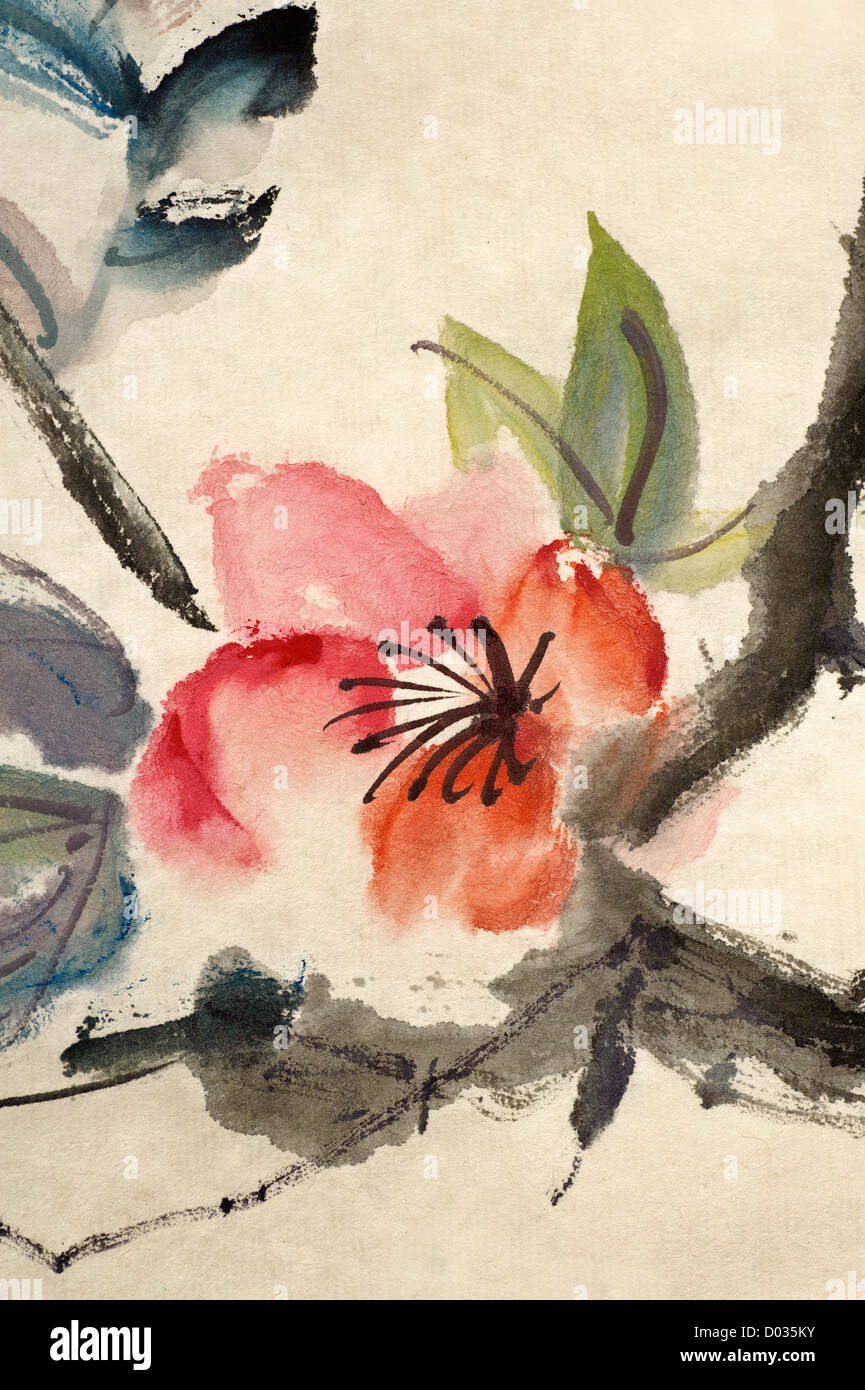 La peinture traditionnelle à l'encre de chine, fleur, sur l'art du papier. Banque D'Images