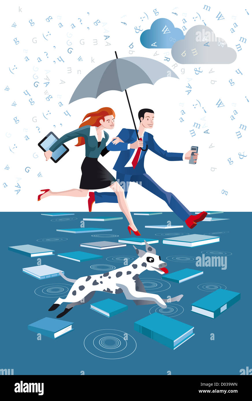 Un homme et une femme sont heureux et joyeux avec un parapluie sous une pluie de lettres. Ils marchent sur des livres qui se déroulent à ses pieds. Banque D'Images