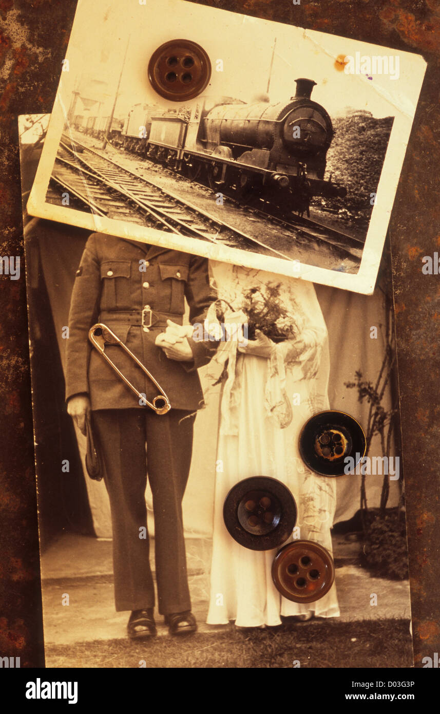 Photos noir et blanc de 1940 et de mariage loco de vapeur avec boutons mâle et goupille de sécurité située au-dessus Banque D'Images