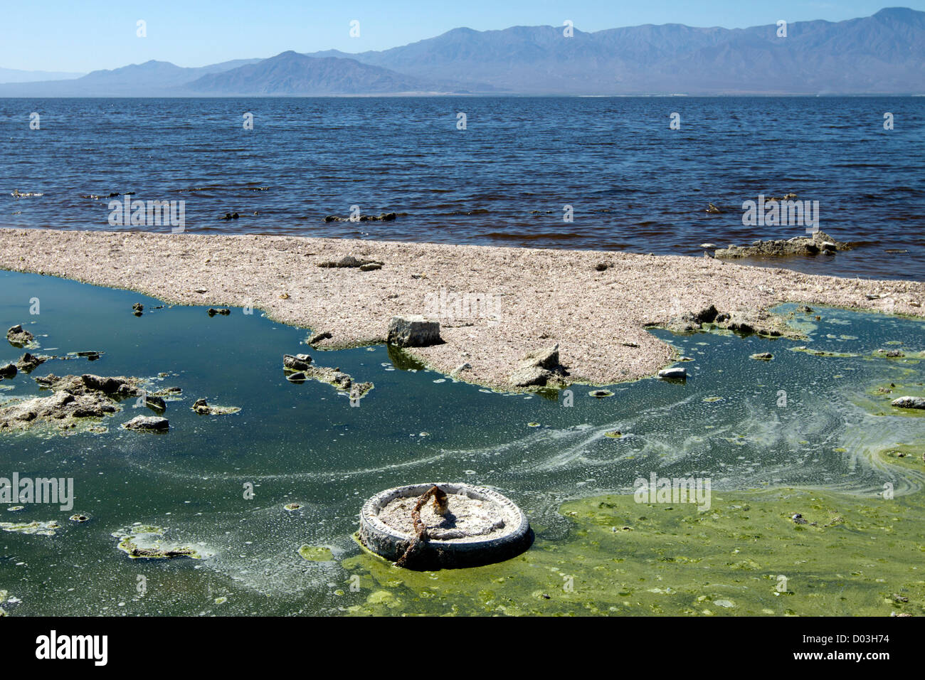 États-unis, Californie, Salton Sea. Des pneus abandonnés sur la rive du lac Salton. Banque D'Images