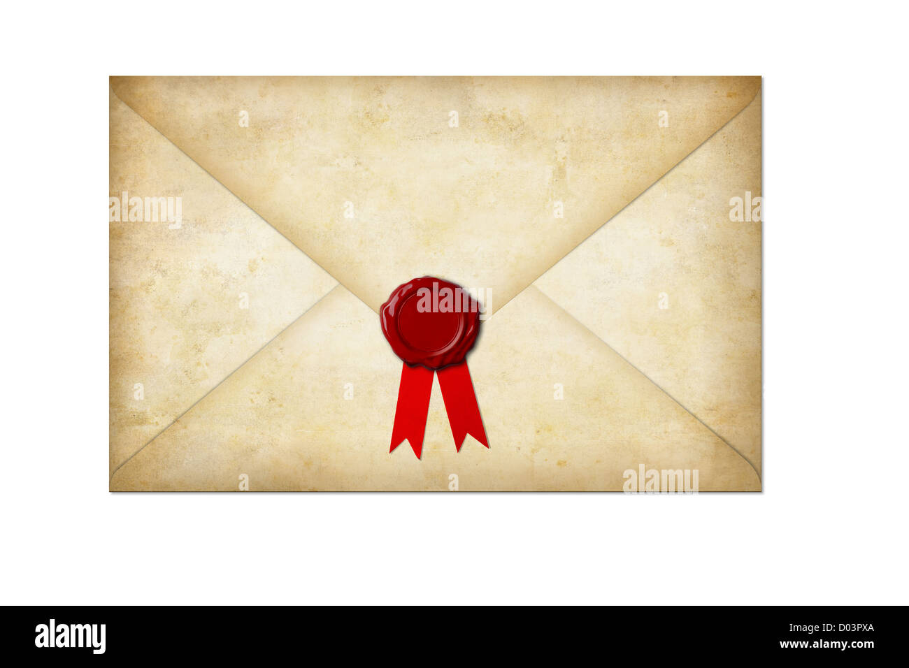 Vieux papier lettre avec sceau en cire et bow isolated on white Banque D'Images