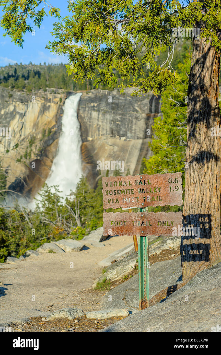 Signer et touristiques à Yosemite waterfall Banque D'Images