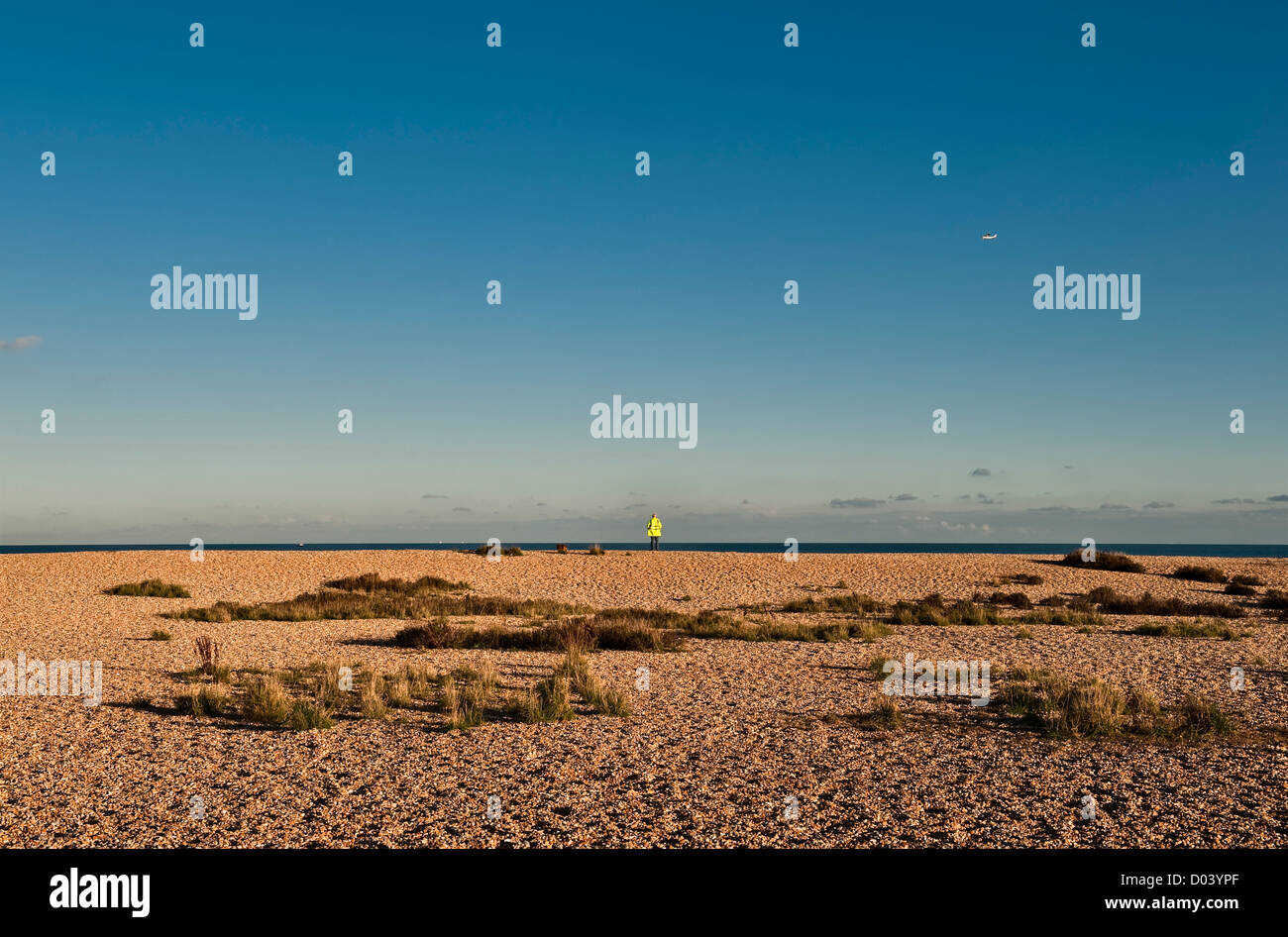 Un promeneur solitaire avec ses chiens sur la plage de Walmer Beach, Kent, Royaume-Uni, regardant un avion léger qui passe Banque D'Images