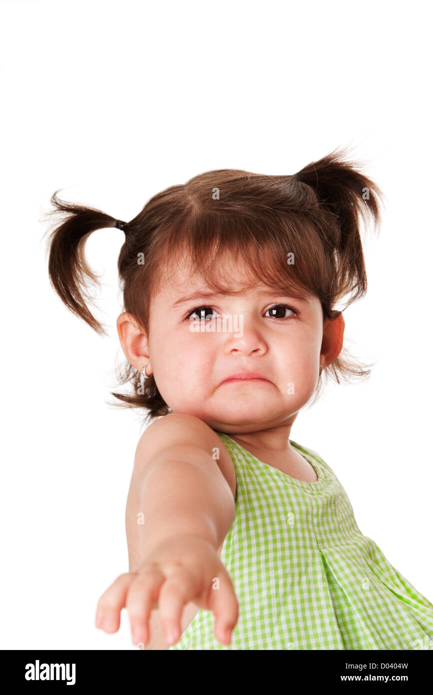 Mignon Bebe Jeune Petite Fille Aux Tres Triste Expression Visage Demander De L Aide Isole Photo Stock Alamy