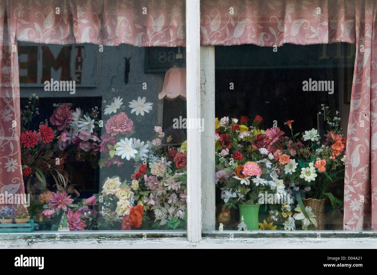 Vitrine domestique en plastique à fleurs. Reflets dans une fenêtre de chalet. Chagford, Devon Angleterre des années 2012 2010 Royaume-Uni. HOMER SYKES Banque D'Images