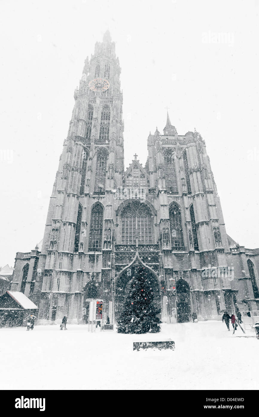 Anvers La Cathédrale Notre-Dame de tempête d'hiver. Tons vertical droit Banque D'Images