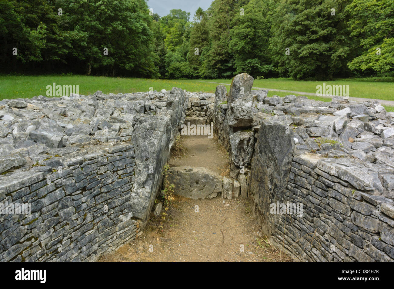 Vue depuis le parvis du passage principal du Parc le Breos Cwm chambré néolithique cairn dans la péninsule de Gower, dans le sud du Pays de Galles Banque D'Images