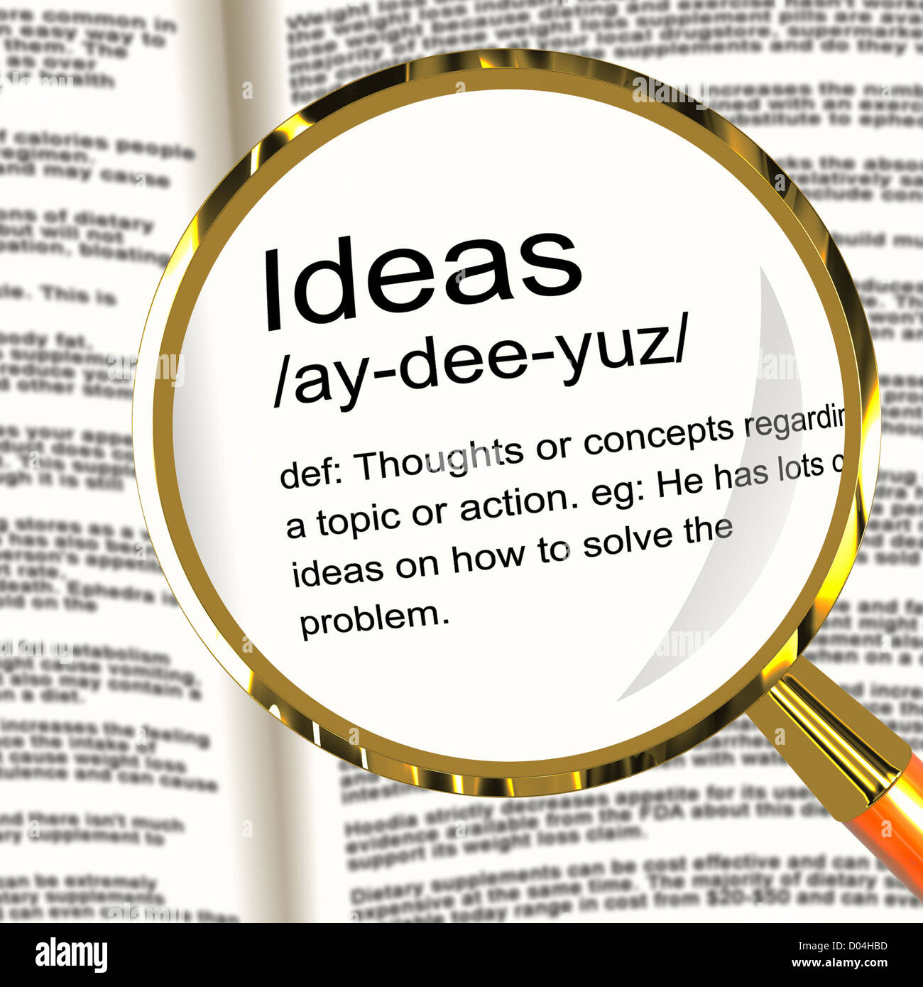 Définition des idées montre loupe pensées créatrices invention et l'amélioration Banque D'Images