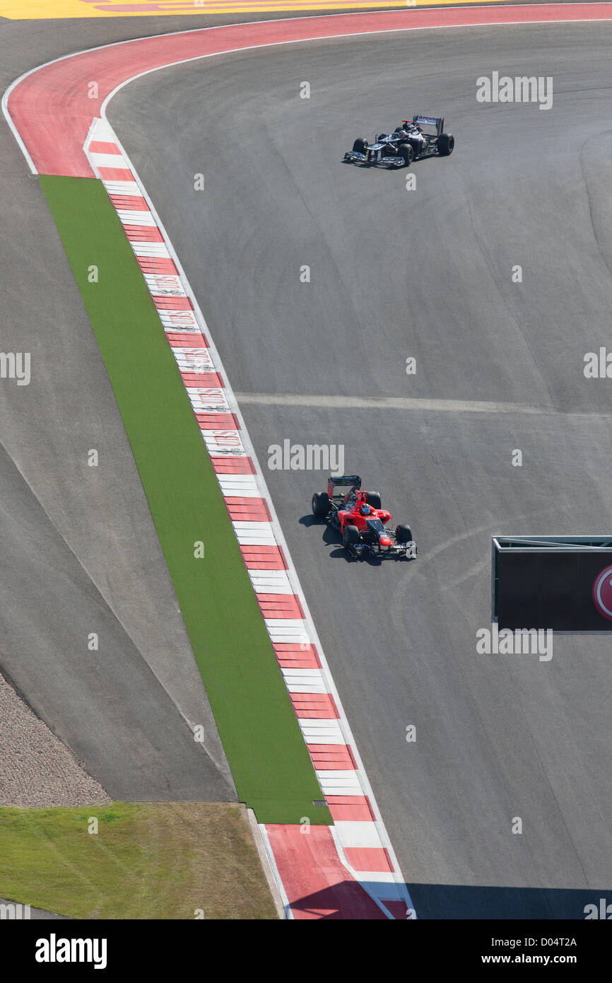 Timo Glock, pilote de Marussia F1 mène de tour pendant l'exercice de la F1 Grand Prix des Etats-Unis près de Austin Banque D'Images